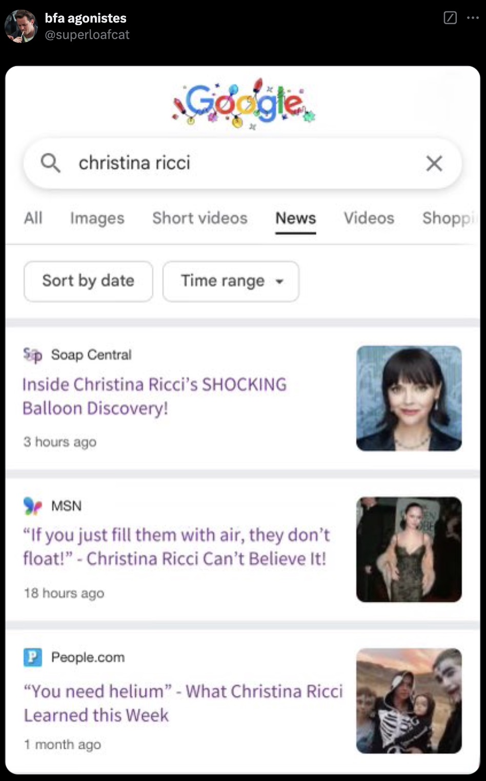 screenshot - bfa agonistes Q christina ricci Google Images Short videos News Videos Shoppi All Sort by date Time range Soap Central Inside Christina Ricci's Shocking Balloon Discovery! 3 hours ago Msn "If you just fill them with air, they don't float!" Ch